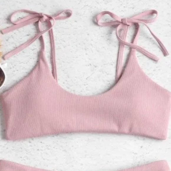 ZAFUL Light Pink Tie Shoulders Ribbed Bikini - Picture 2 of 7